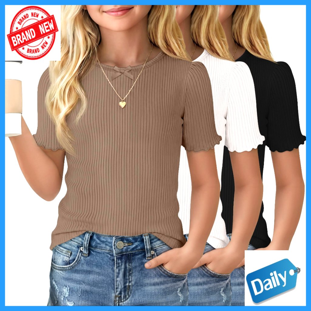 Girl's 3 Pack Ribbed Cotton T-Shirts With Bow And Puff Sleeves